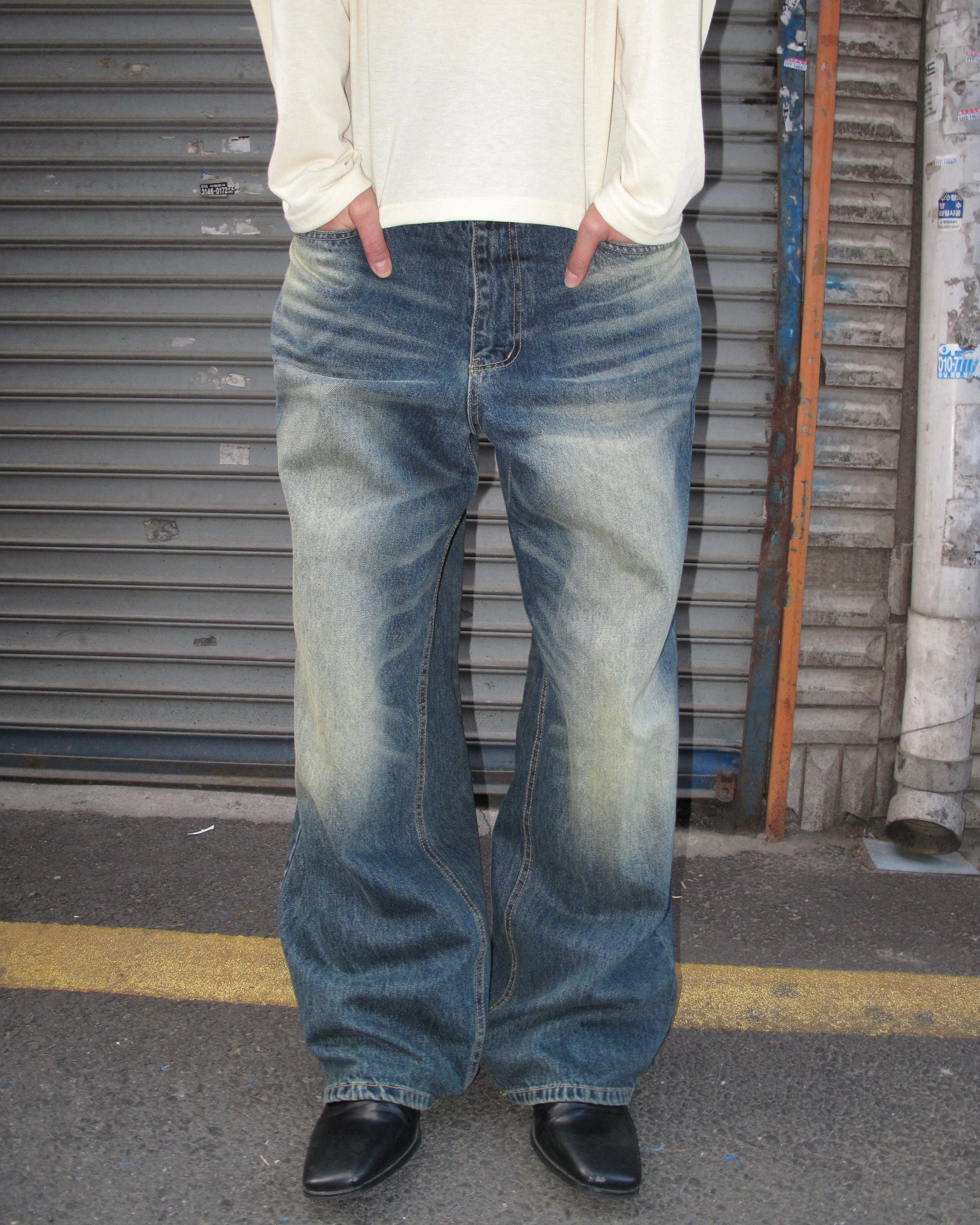 Washed Wide-Leg Denim Pants