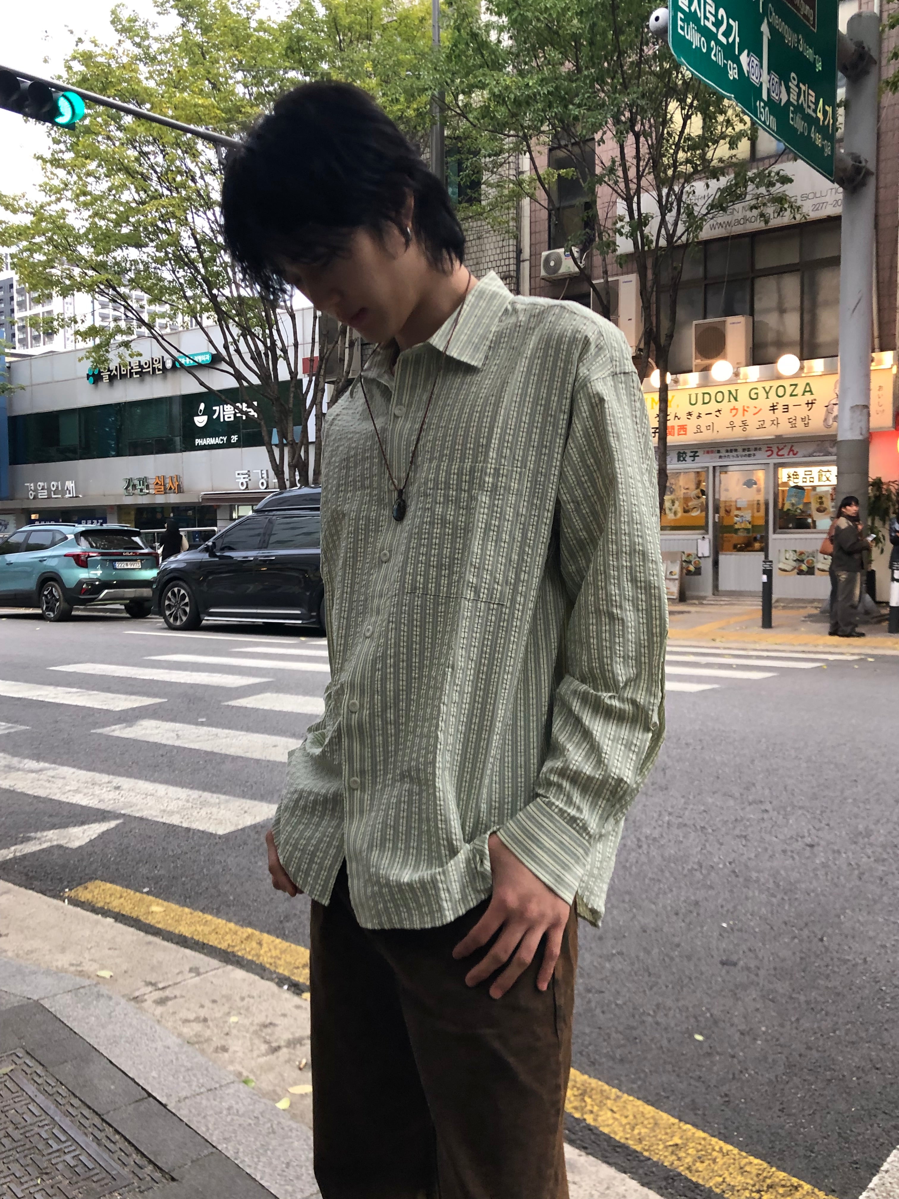 Taupe Seersucker Stripe Shirt