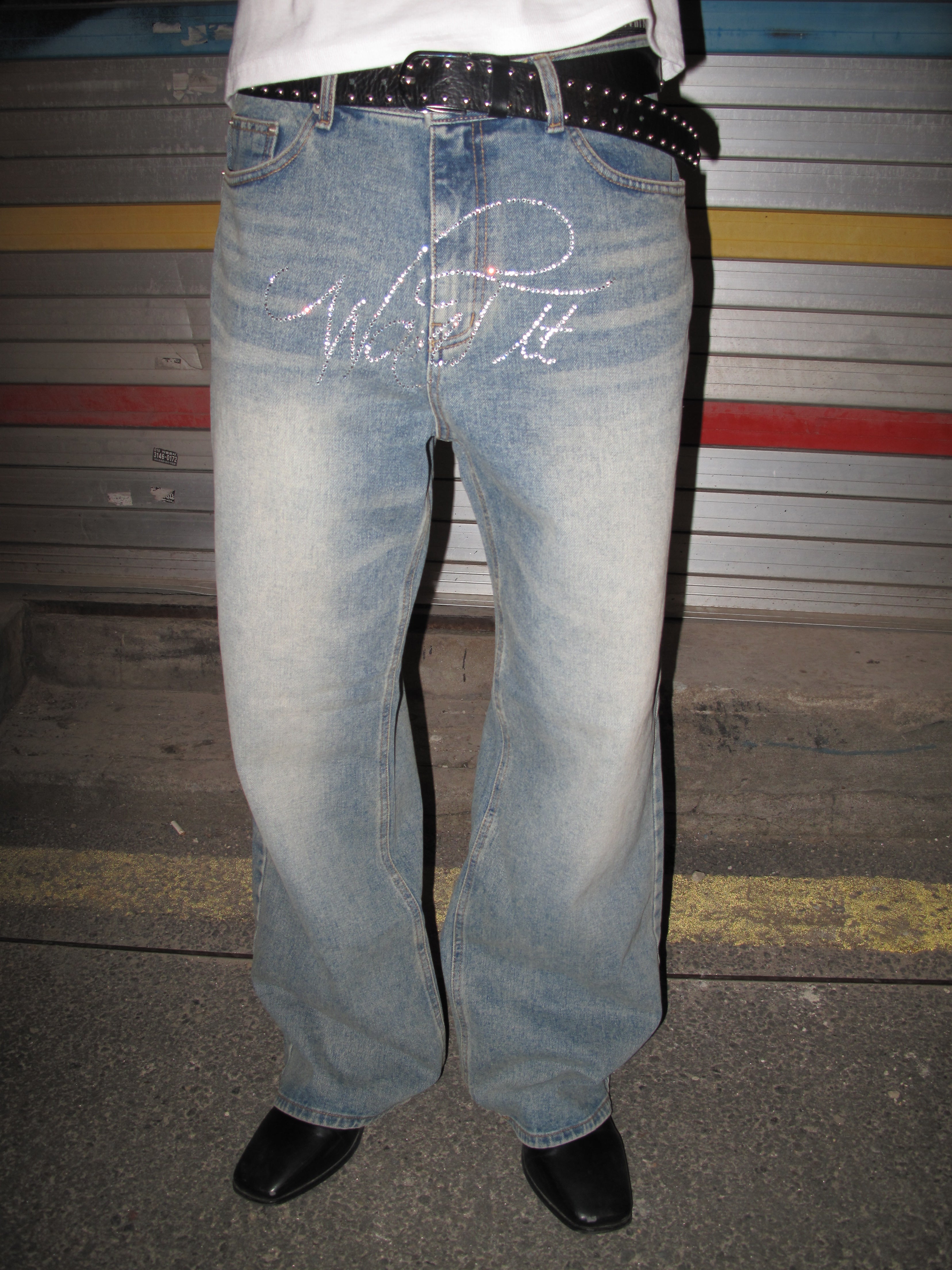 Rhinestone Lettering Mid-Wash Wide-Straight Denim Pants