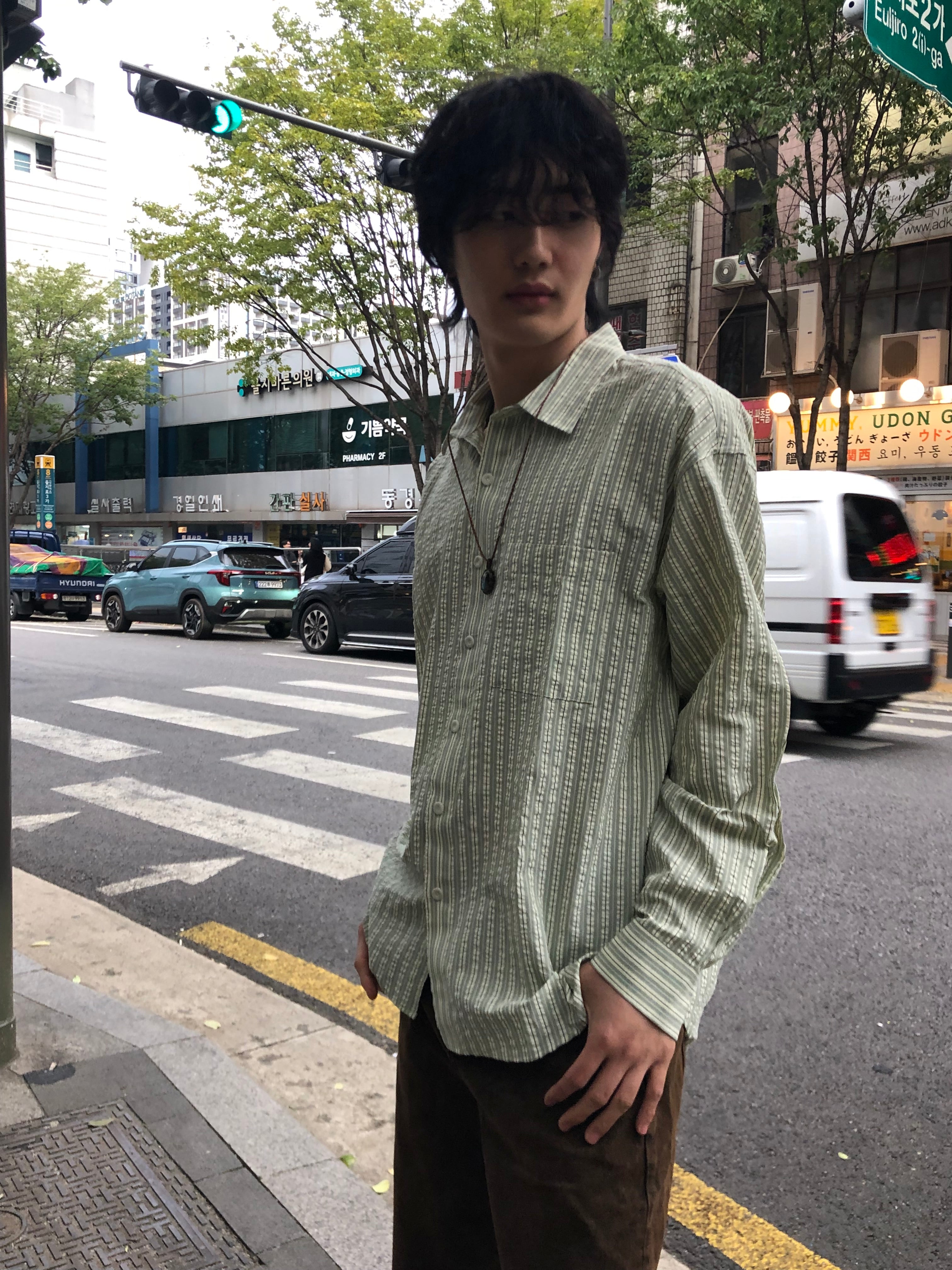 Taupe Seersucker Stripe Shirt