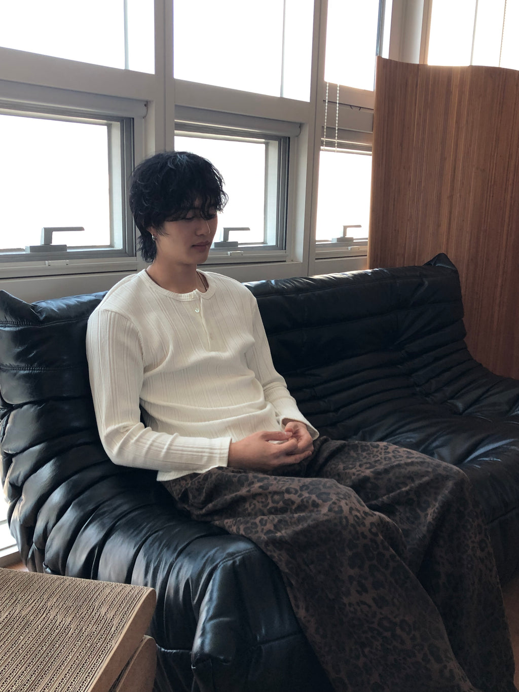 Slim Rib-Knit Henley Top(White)