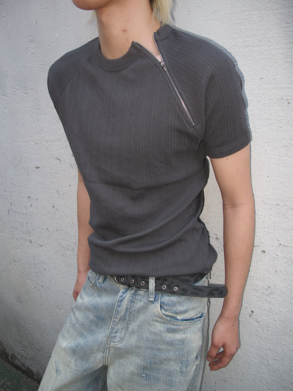 Side-Zip Ribbed Short Sleeve Knit Top