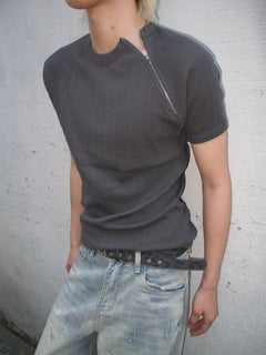 Side-Zip Ribbed Short Sleeve Knit Top