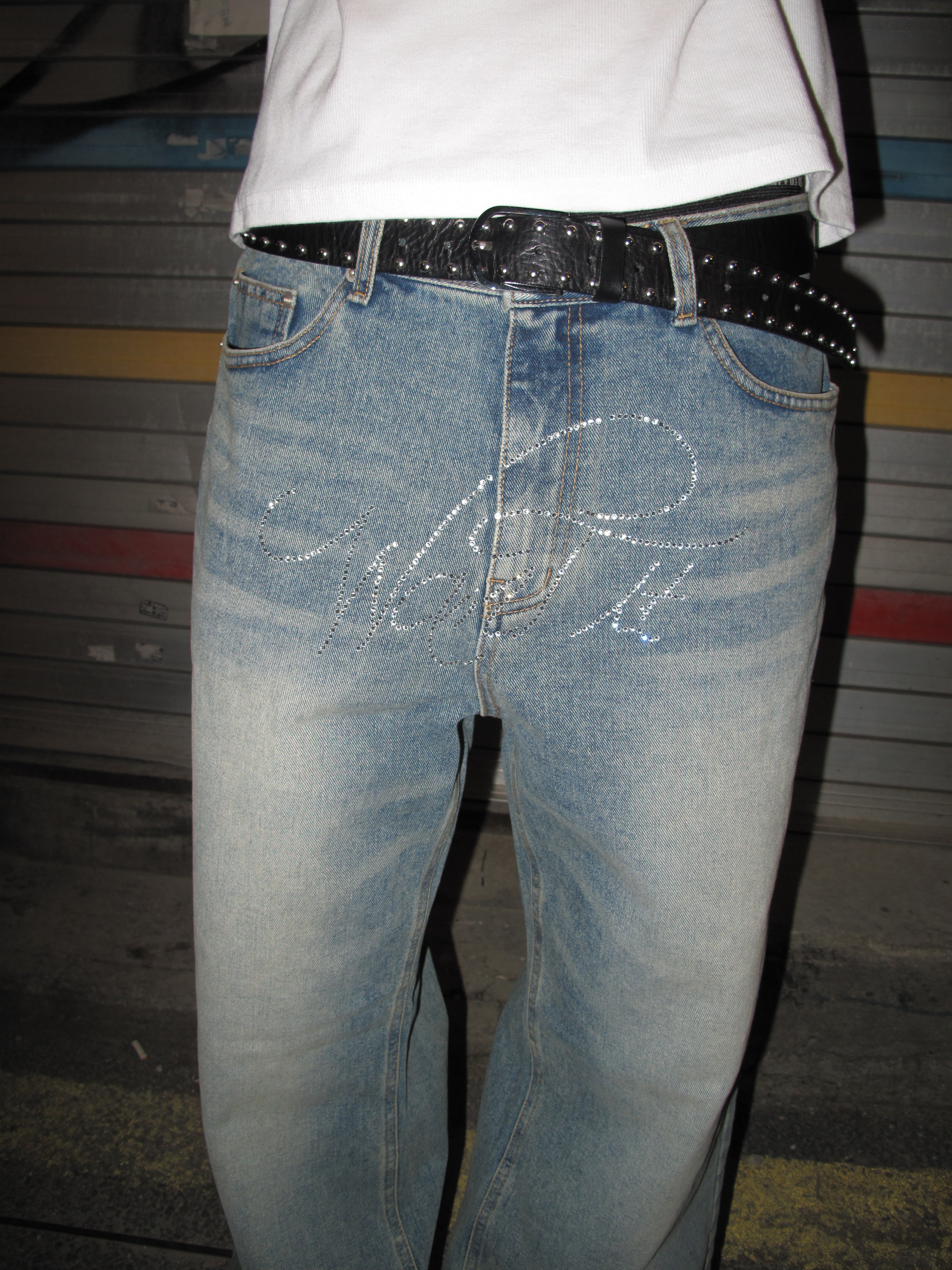 Rhinestone Lettering Mid-Wash Wide-Straight Denim Pants