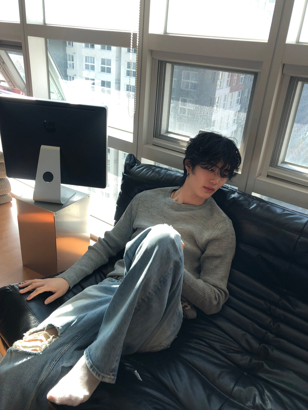 Milk‑Wash Distressed Wide Jeans