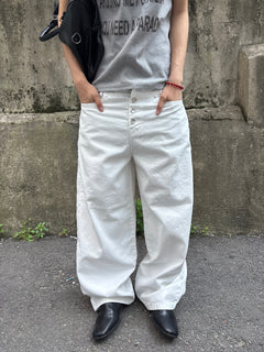 Button-Fly Layered Wide Cotton Pants