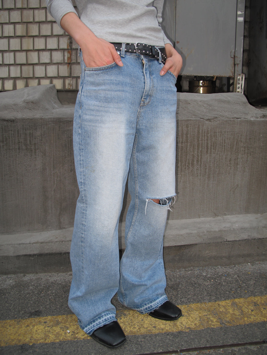 Distressed Knee-Cut Light-Wash Bootcut Jeans