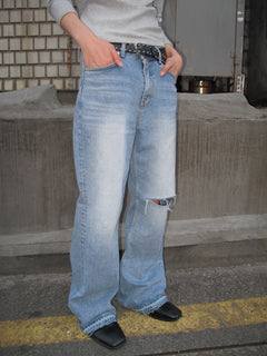 Distressed Knee-Cut Light-Wash Bootcut Jeans