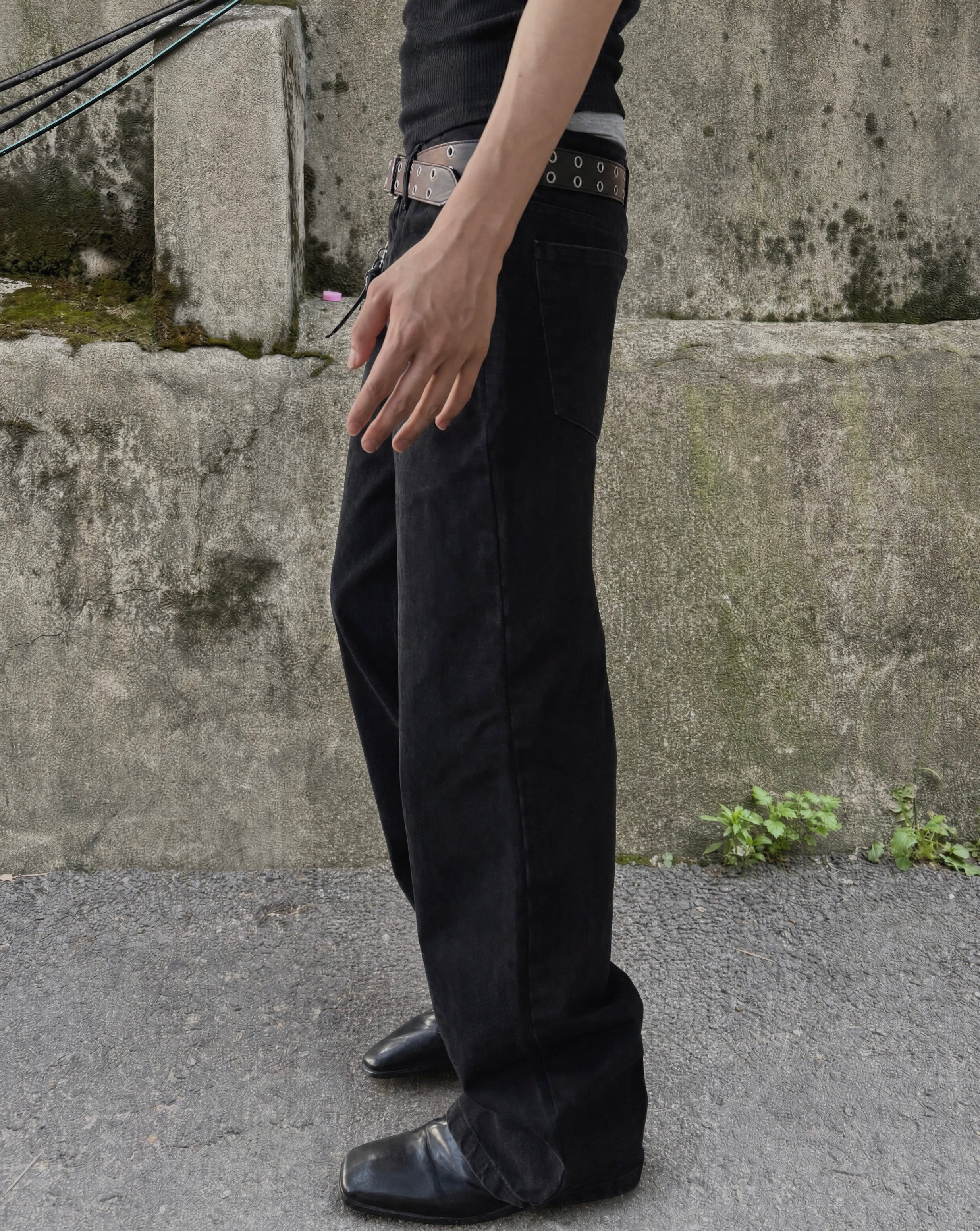 Ring-Zip Black Wide Denim Pants