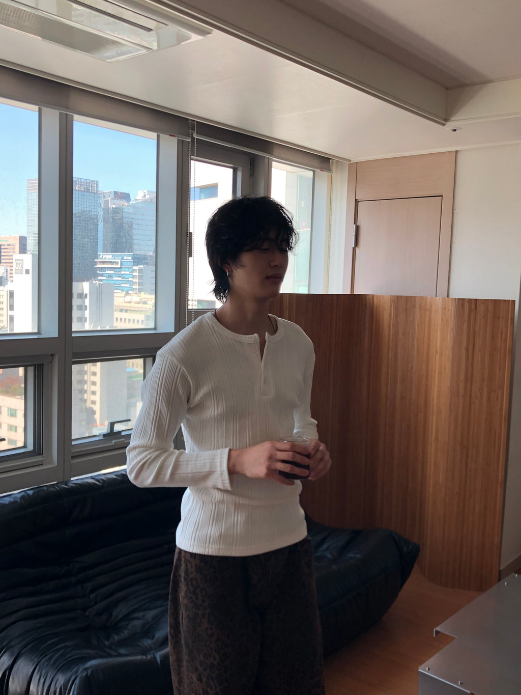 Slim Rib-Knit Henley Top(White)