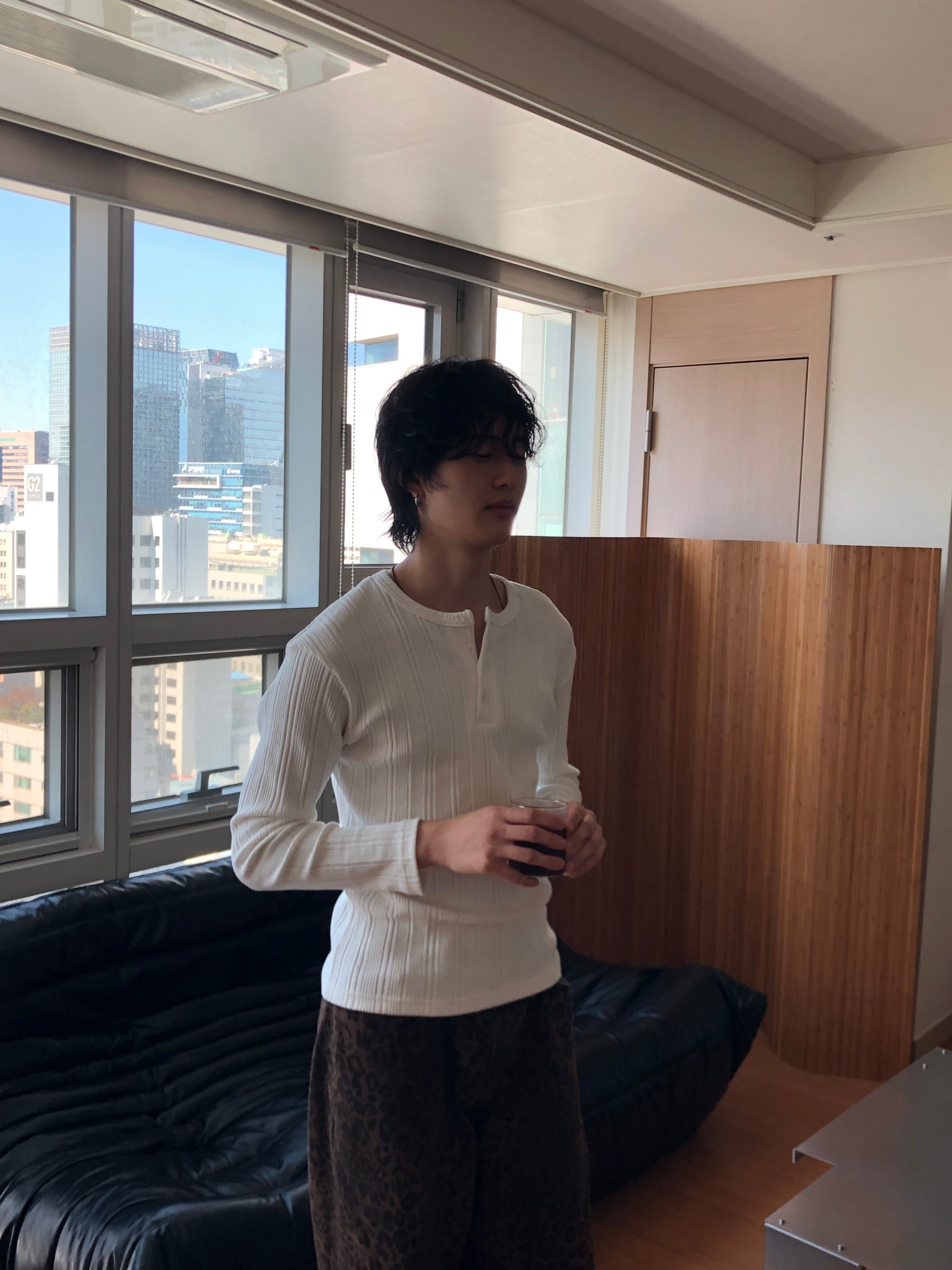 Slim Rib-Knit Henley Top(White)