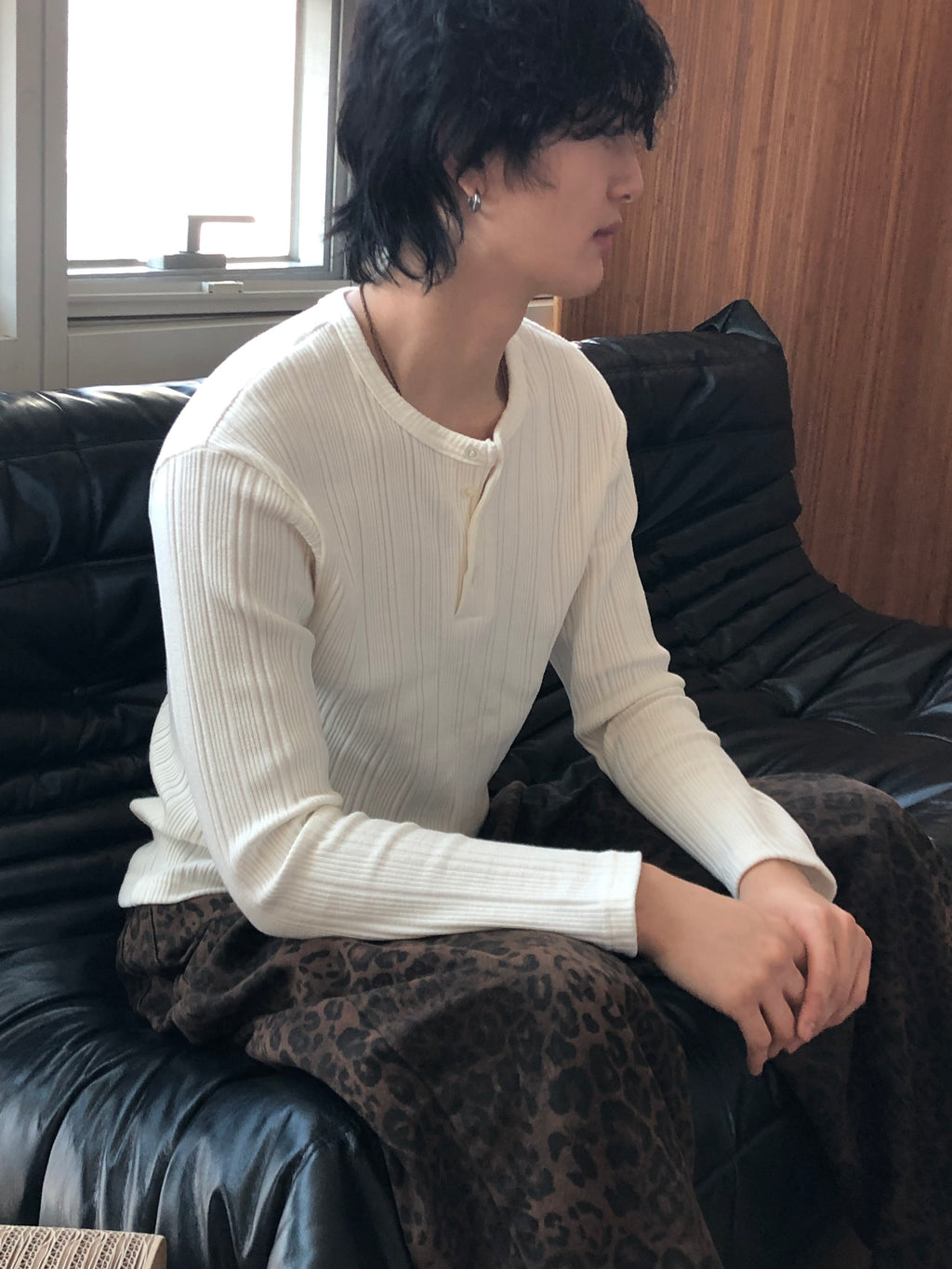 Slim Rib-Knit Henley Top(White)