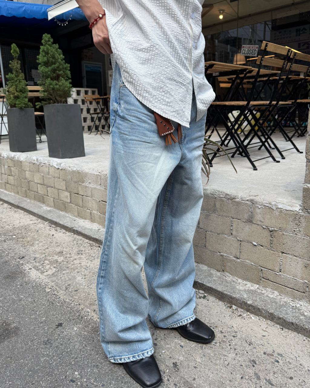 Washed Wide-Leg Denim Pants