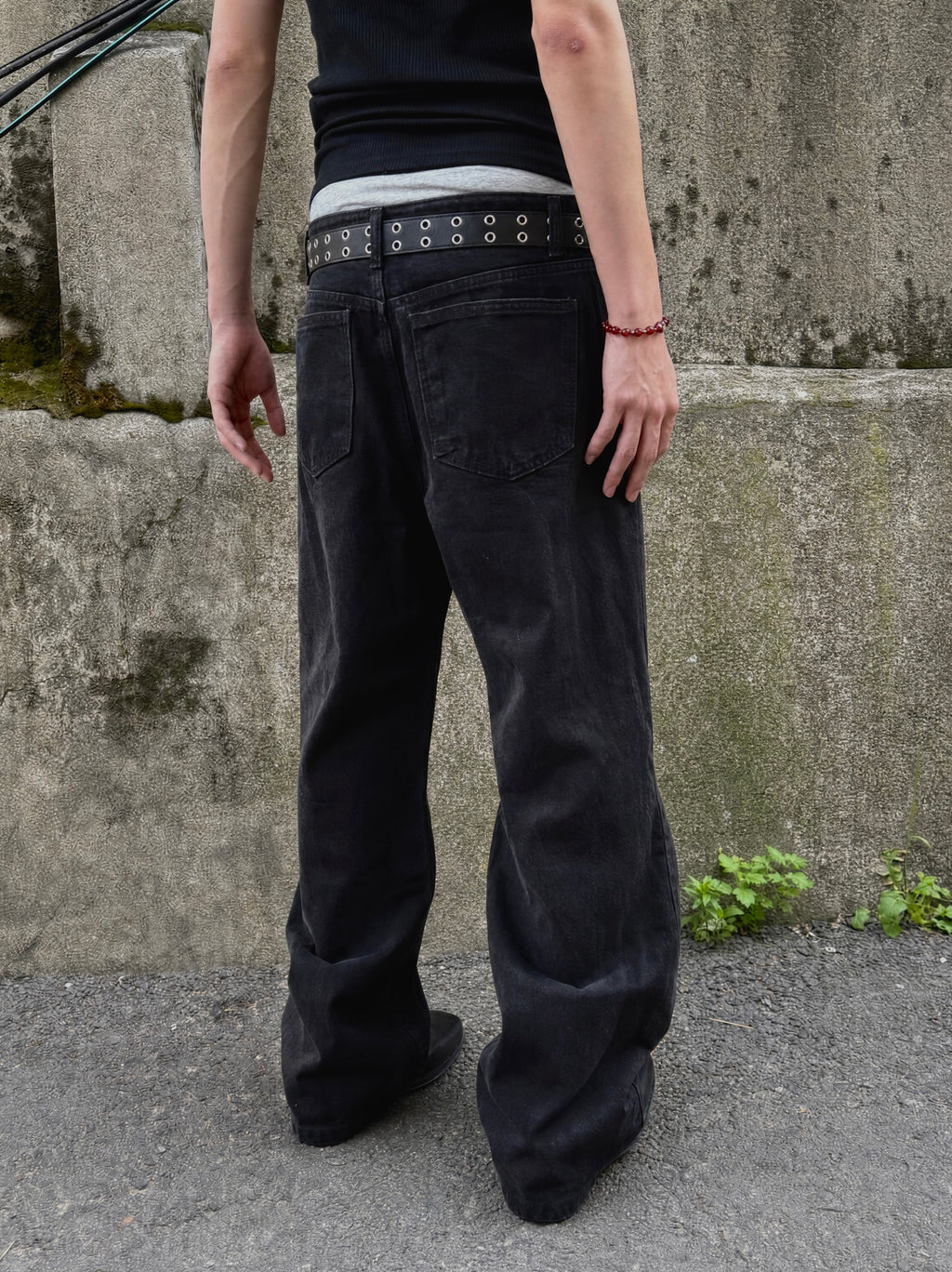 Ring-Zip Black Wide Denim Pants