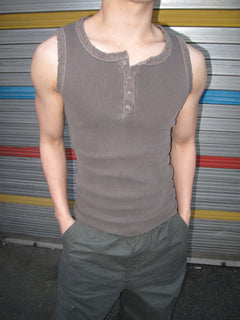 Pigment-Washed Ribbed Henley Tank Top