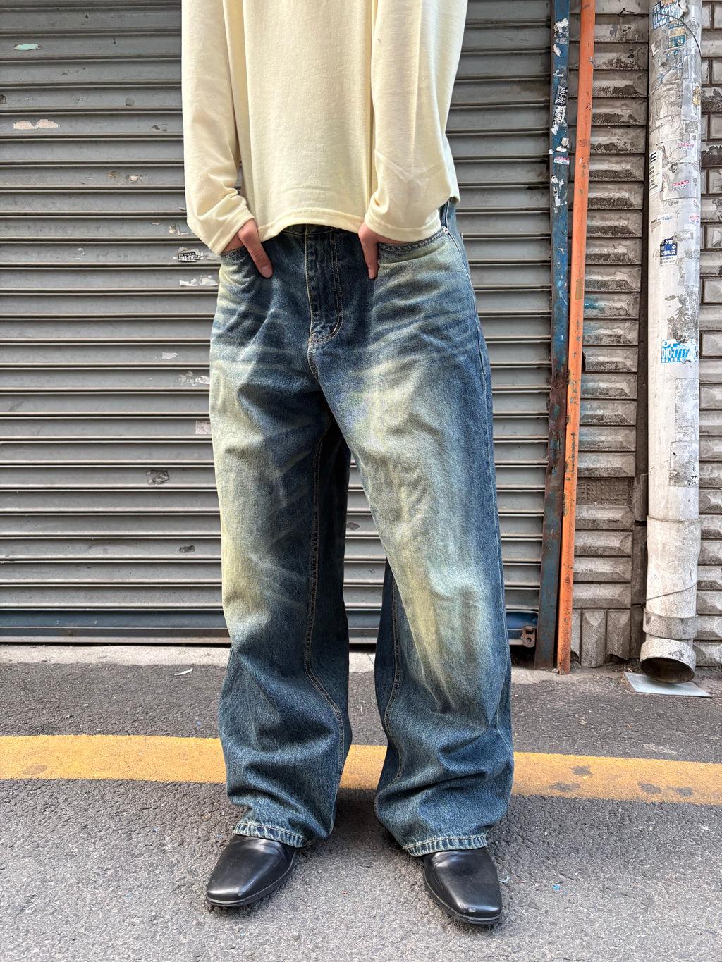 Washed Wide-Leg Denim Pants