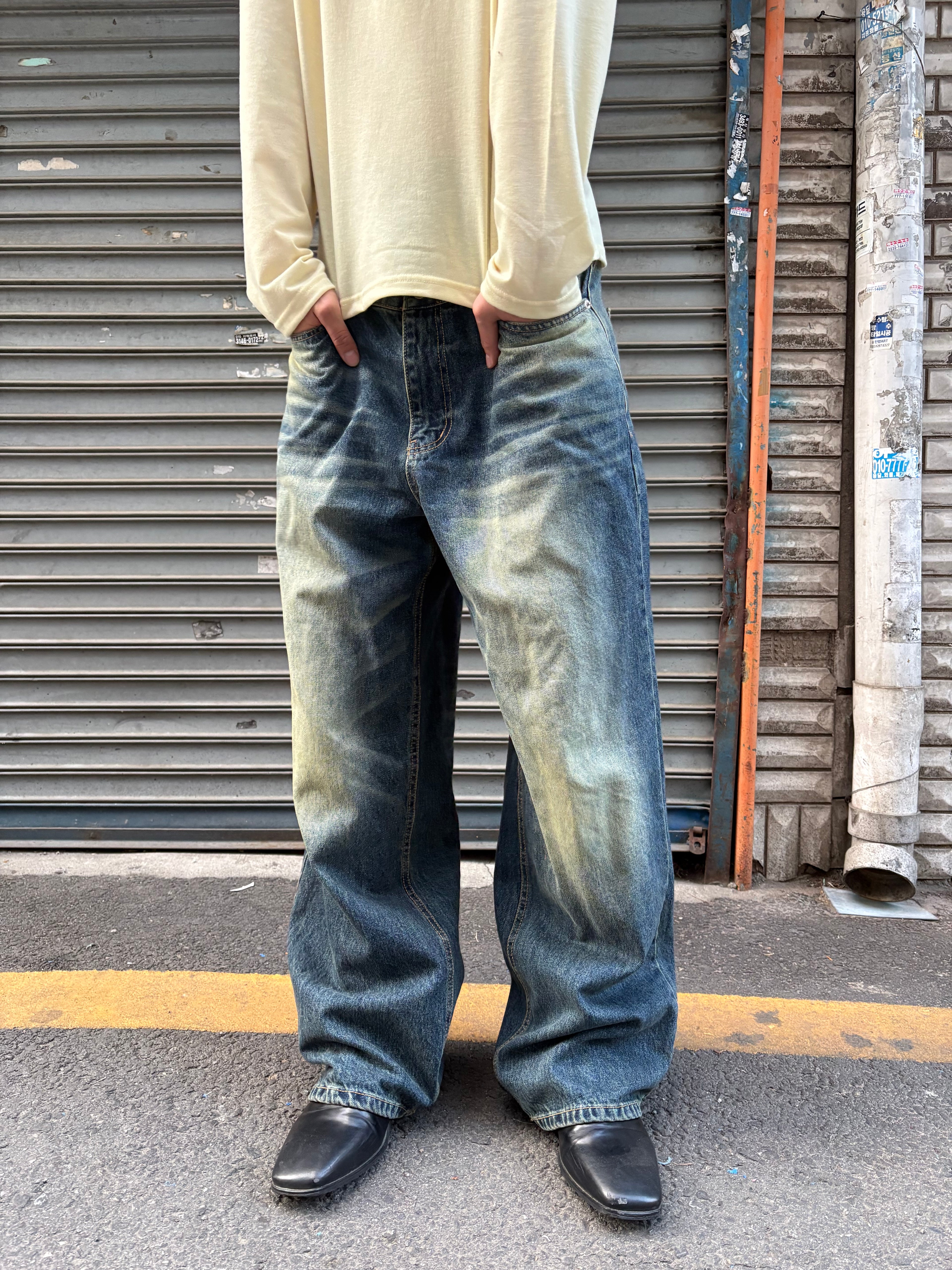 Washed Wide-Leg Denim Pants
