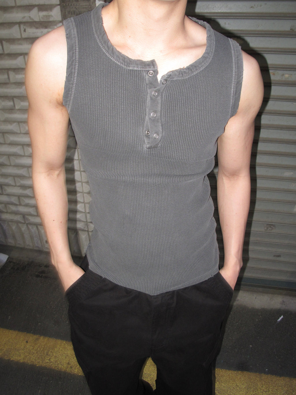 Pigment-Washed Ribbed Henley Tank Top