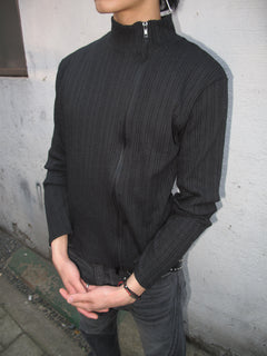 Ribbed Mock-Neck Zip Knit Top