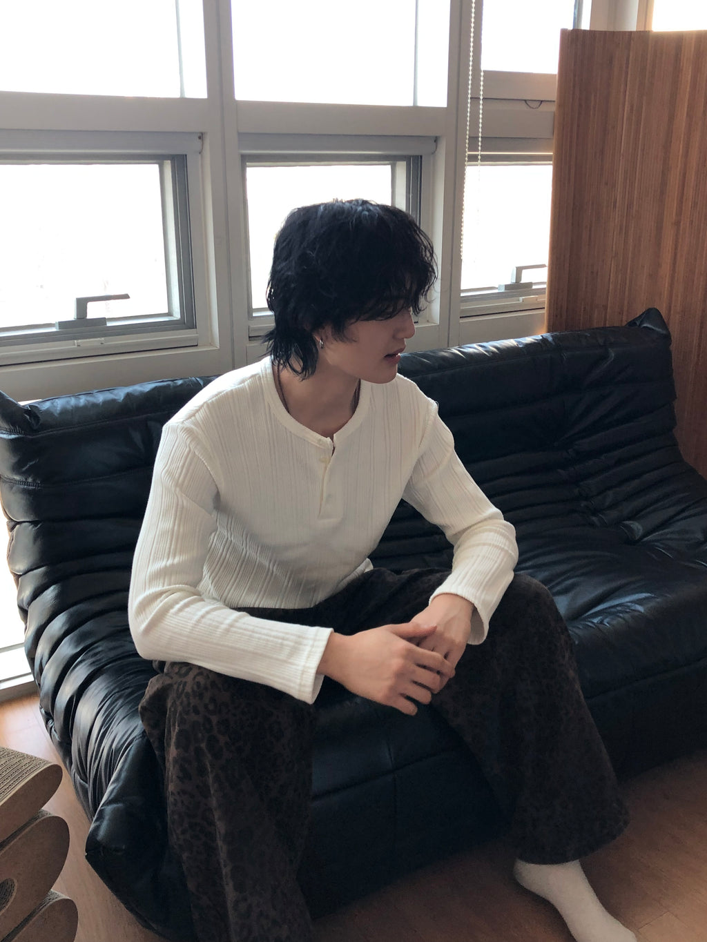 Slim Rib-Knit Henley Top(White)