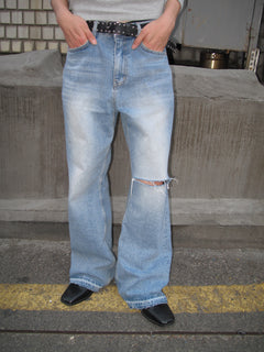 Distressed Knee-Cut Light-Wash Bootcut Jeans