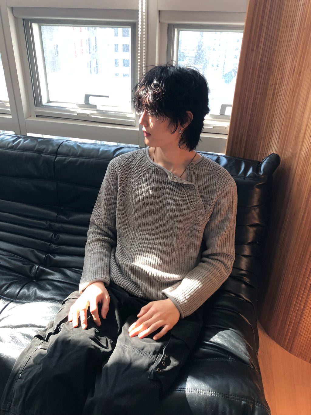 Cropped Bato Cut Henley Knit