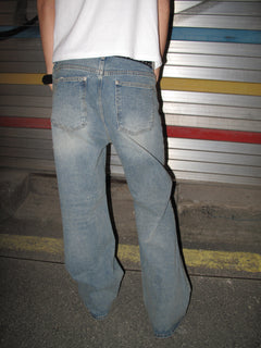 Rhinestone Lettering Mid-Wash Wide-Straight Denim Pants