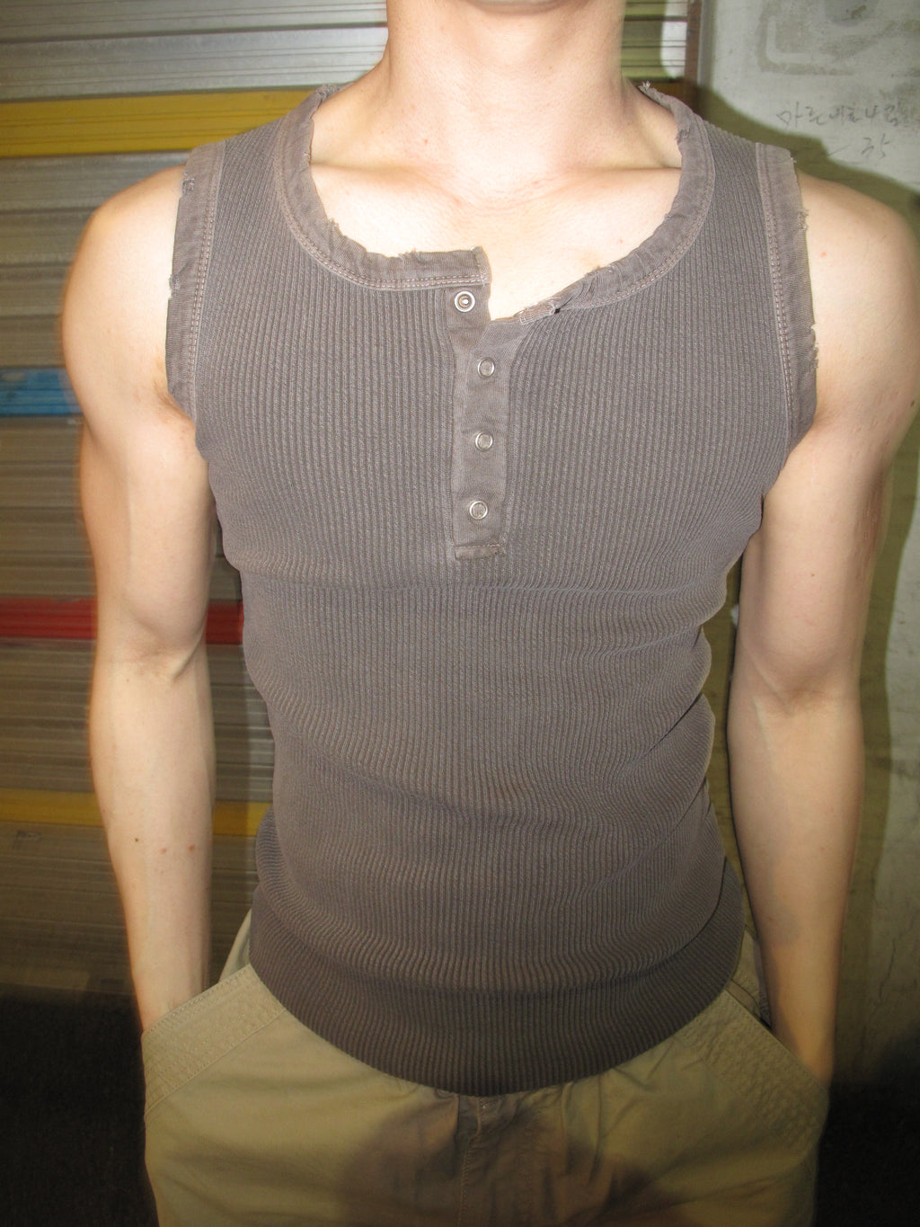 Pigment-Washed Ribbed Henley Tank Top