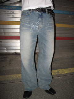 Rhinestone Lettering Mid-Wash Wide-Straight Denim Pants