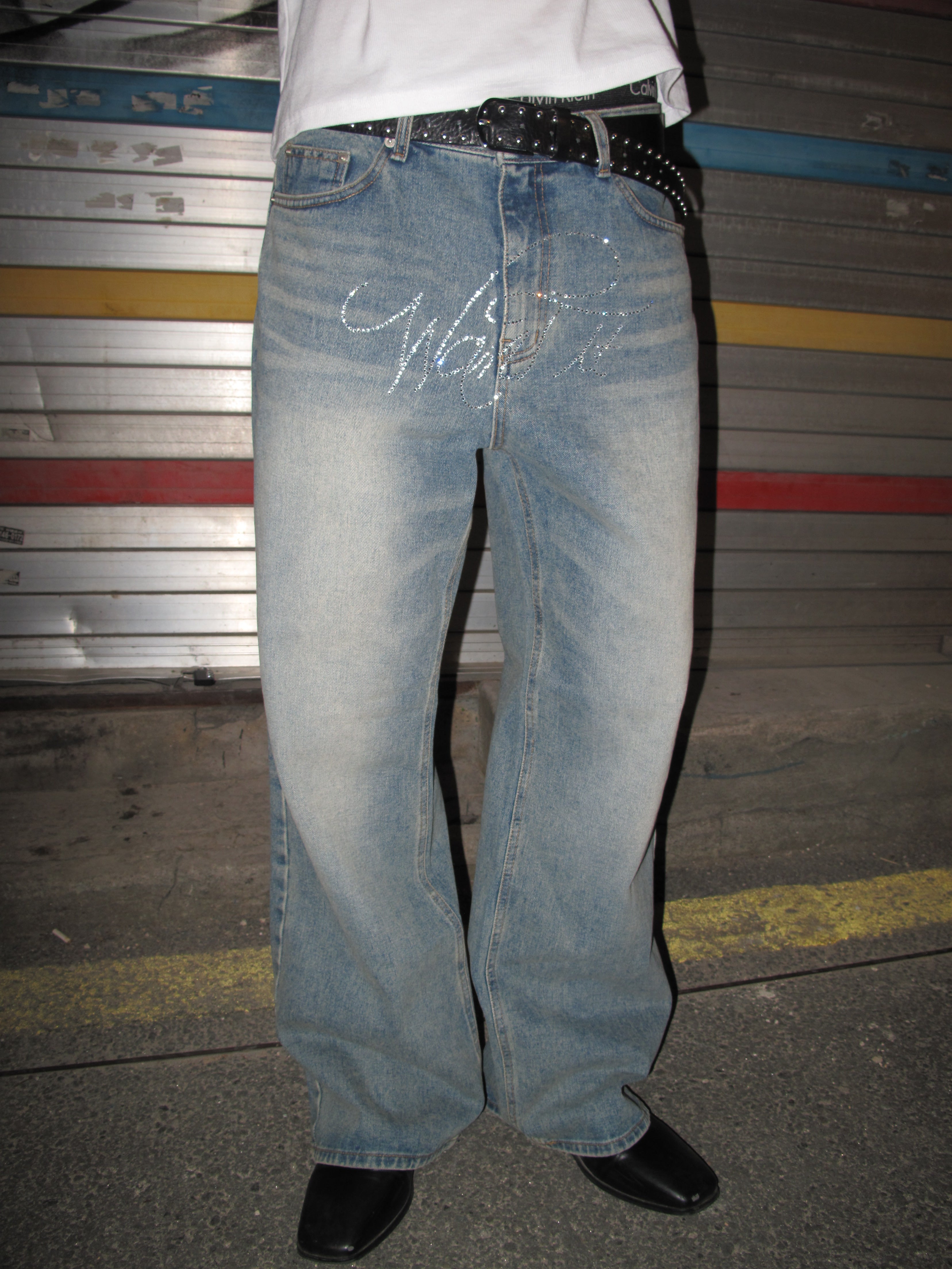 Rhinestone Lettering Mid-Wash Wide-Straight Denim Pants