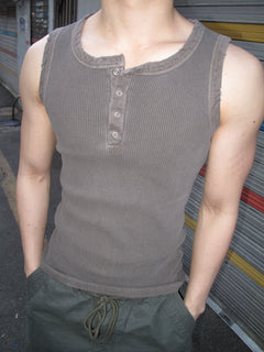 Pigment-Washed Ribbed Henley Tank Top