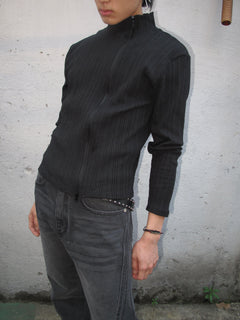Ribbed Mock-Neck Zip Knit Top