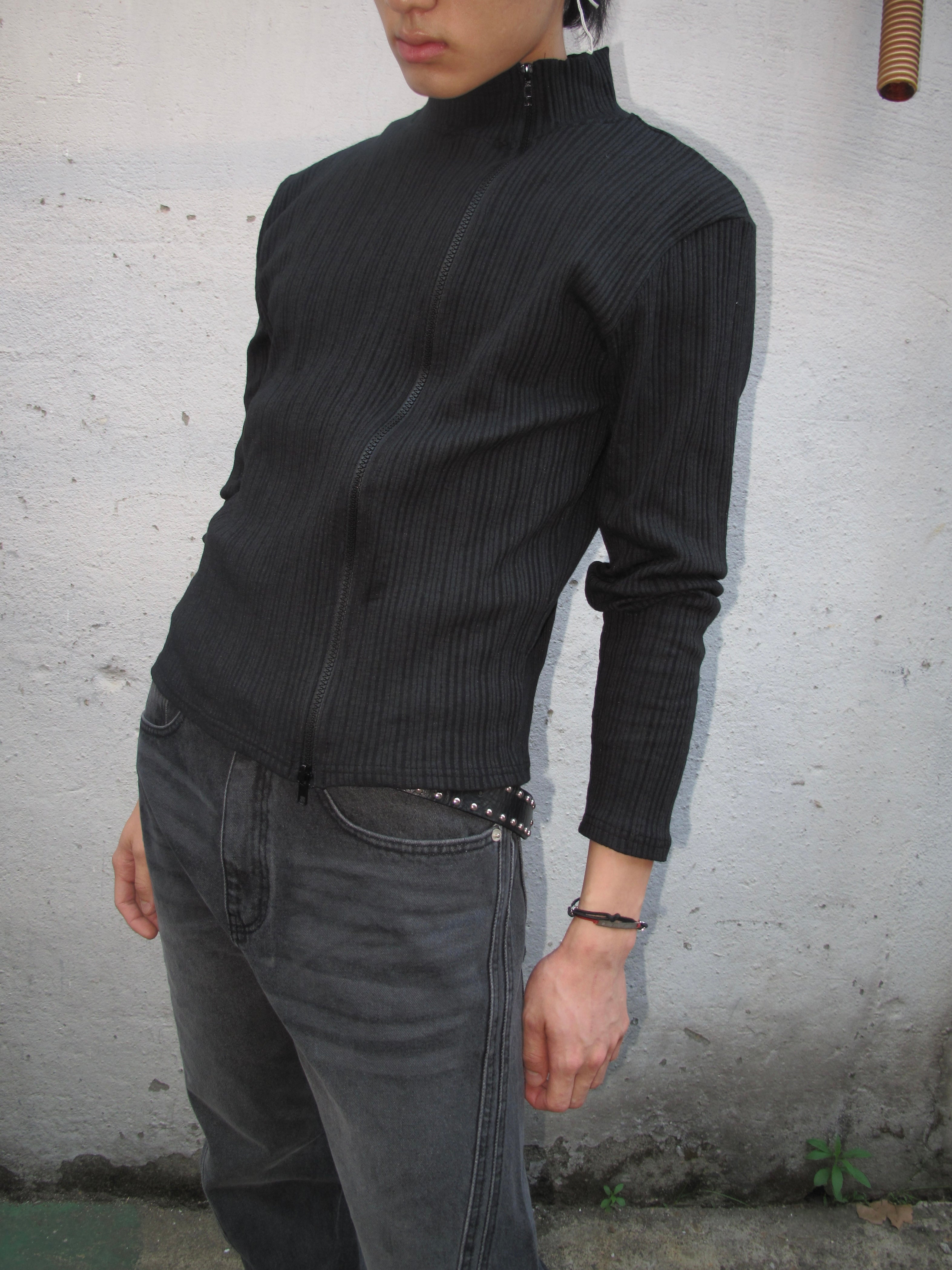 Ribbed Mock-Neck Zip Knit Top