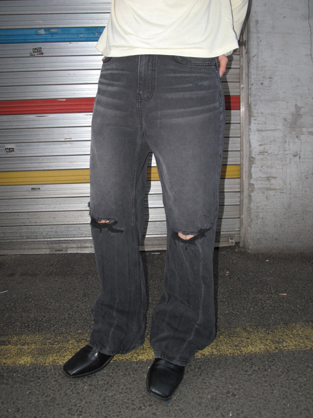 Distressed Washed Black Wide-Flare Jeans