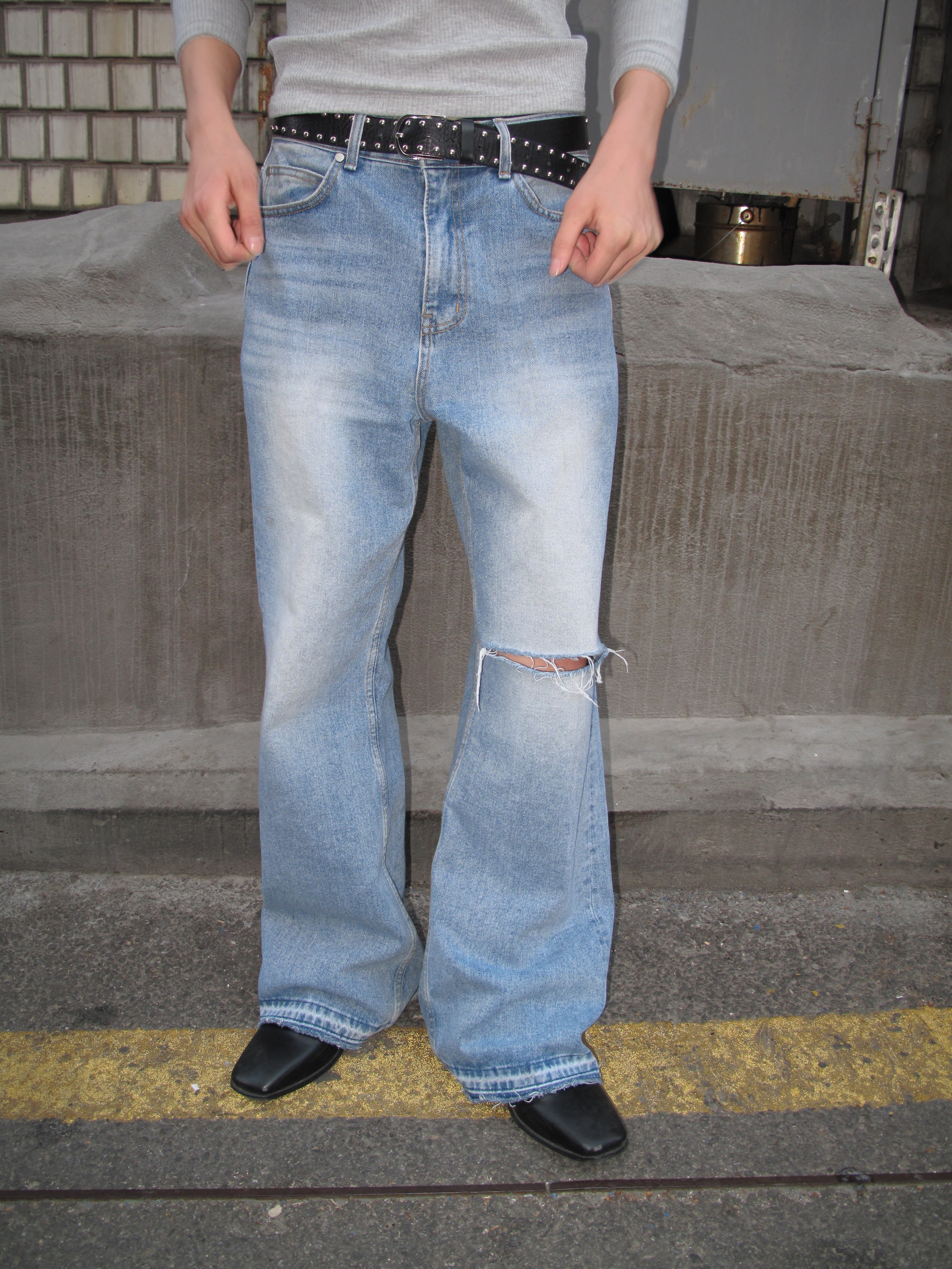 Distressed Knee-Cut Light-Wash Bootcut Jeans