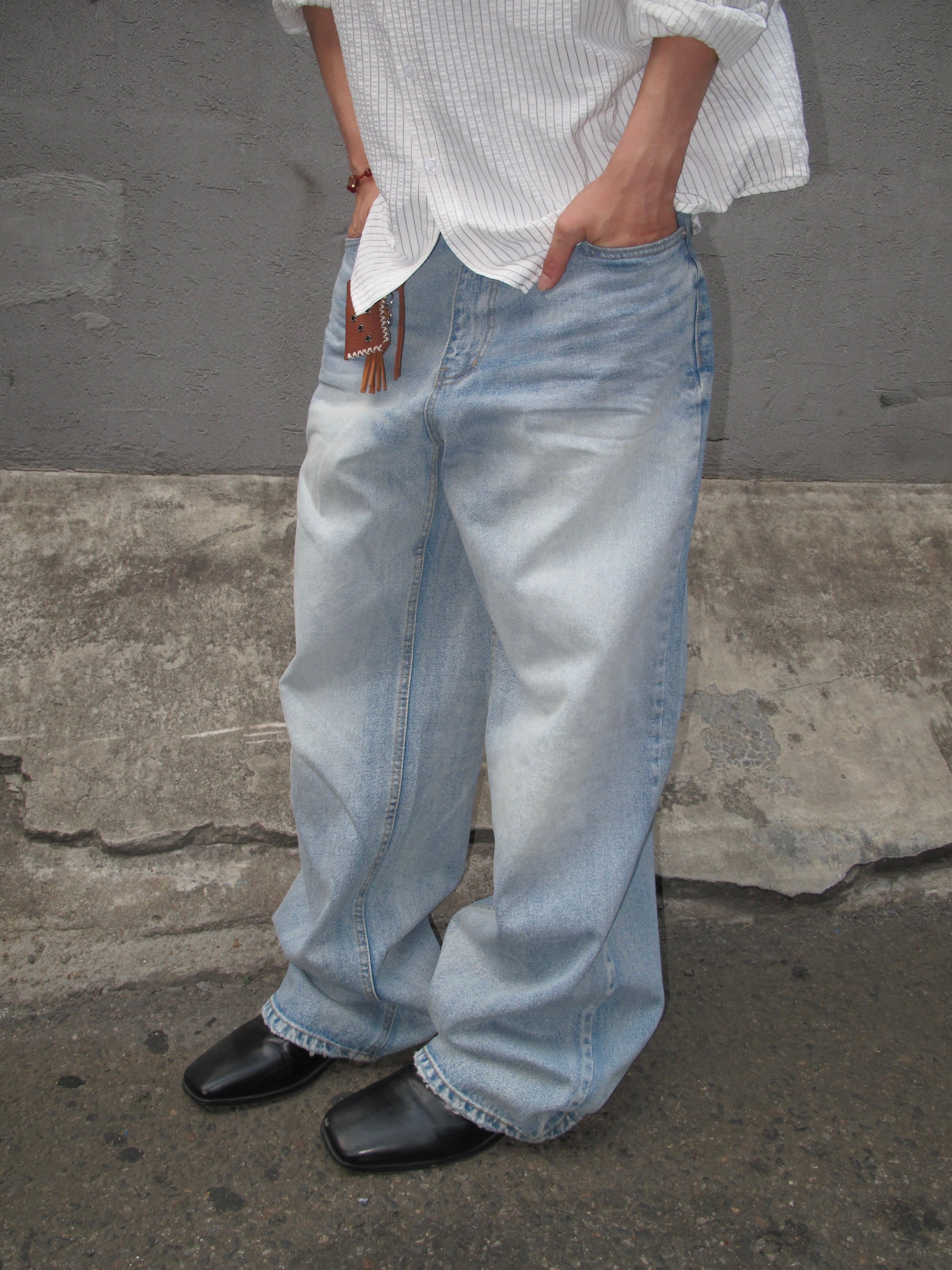 Washed Wide-Leg Denim Pants
