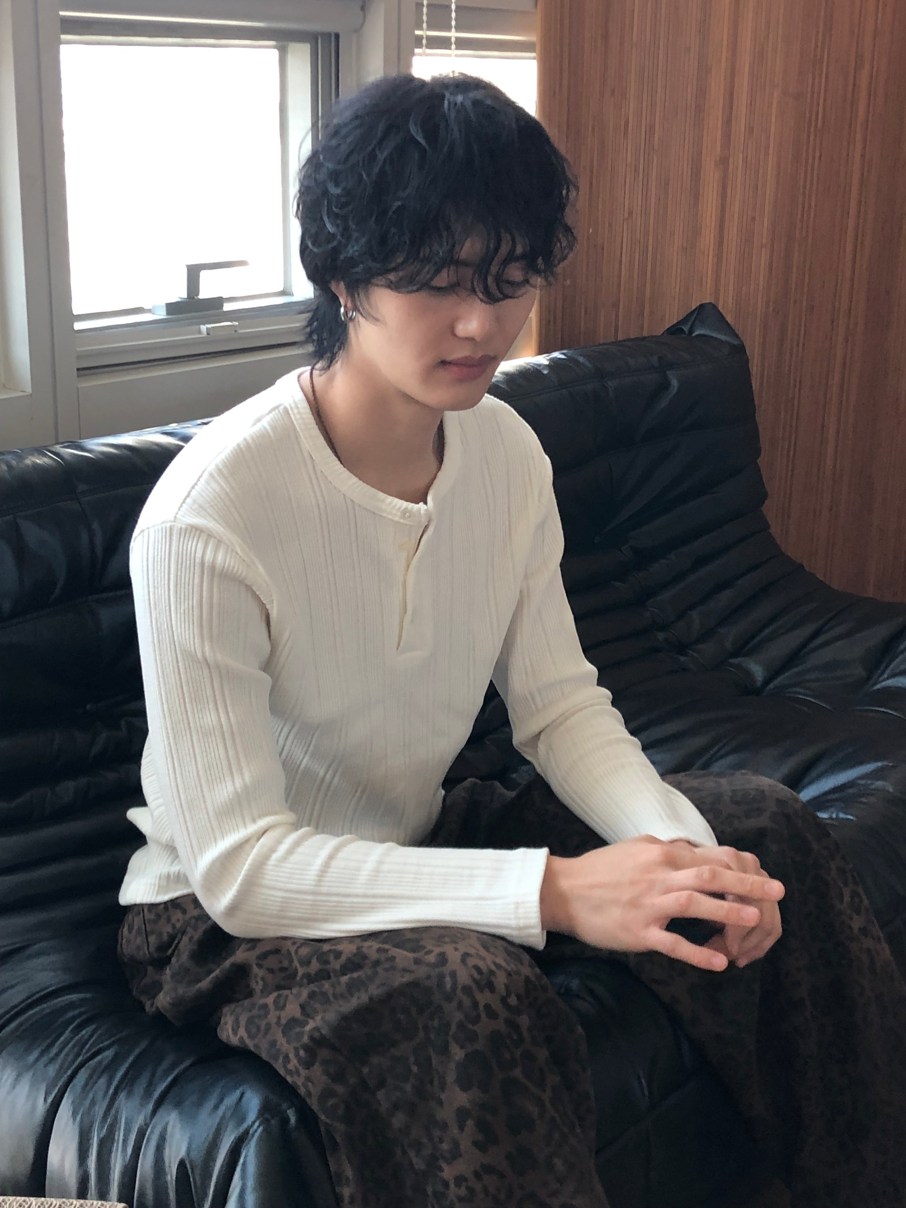 Slim Rib-Knit Henley Top(White)