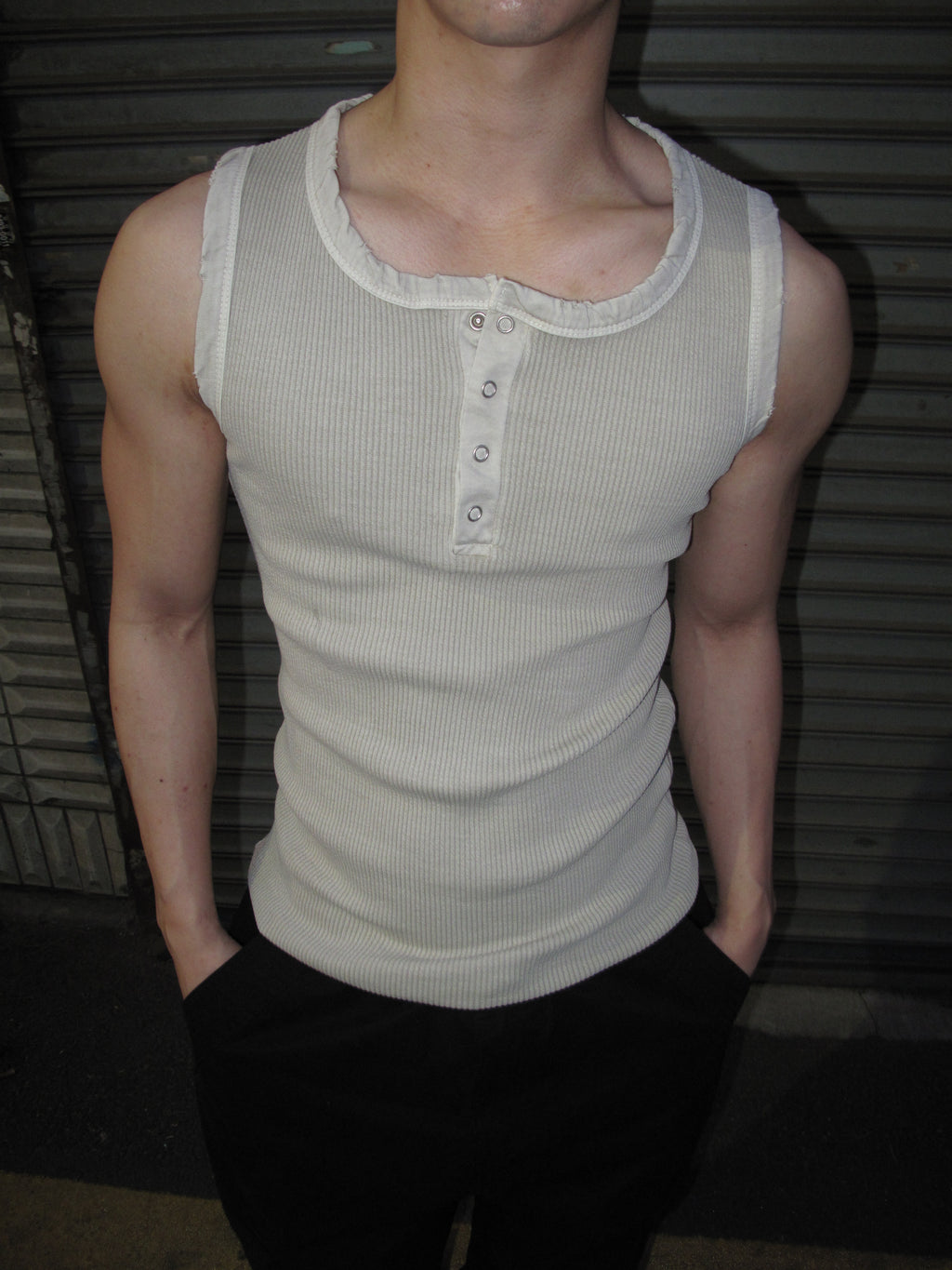 Pigment-Washed Ribbed Henley Tank Top