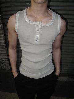 Pigment-Washed Ribbed Henley Tank Top