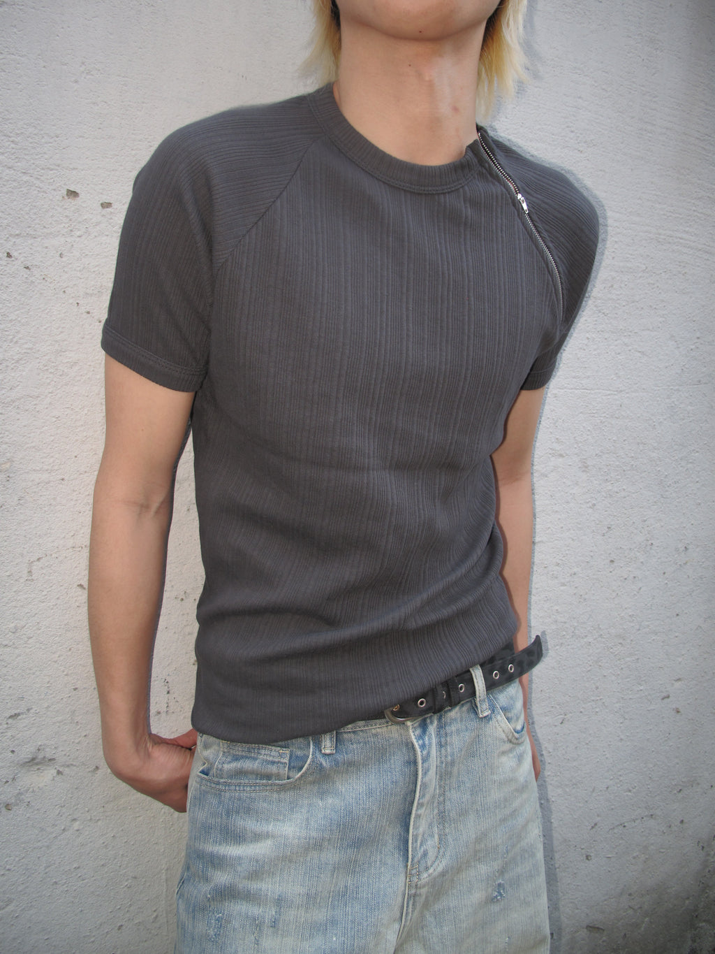 Side-Zip Ribbed Short Sleeve Knit Top