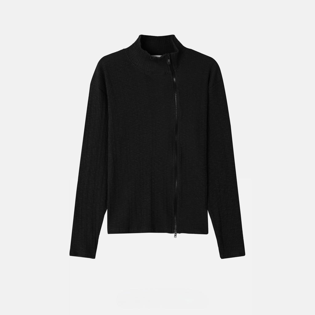 Ribbed Mock-Neck Zip Knit Top
