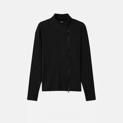 Ribbed Mock-Neck Zip Knit Top