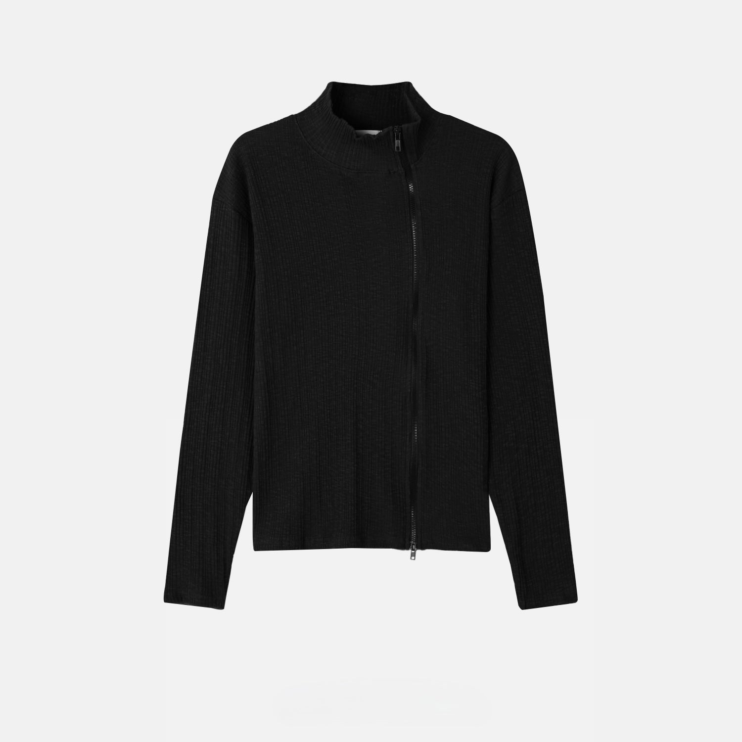 Ribbed Mock-Neck Zip Knit Top