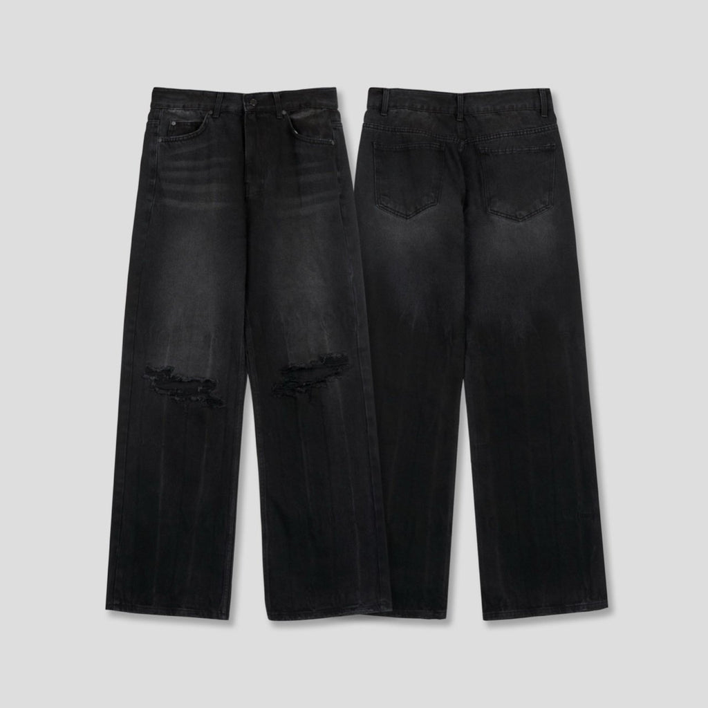 Distressed Washed Black Wide-Flare Jeans