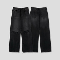 Distressed Washed Black Wide-Flare Jeans