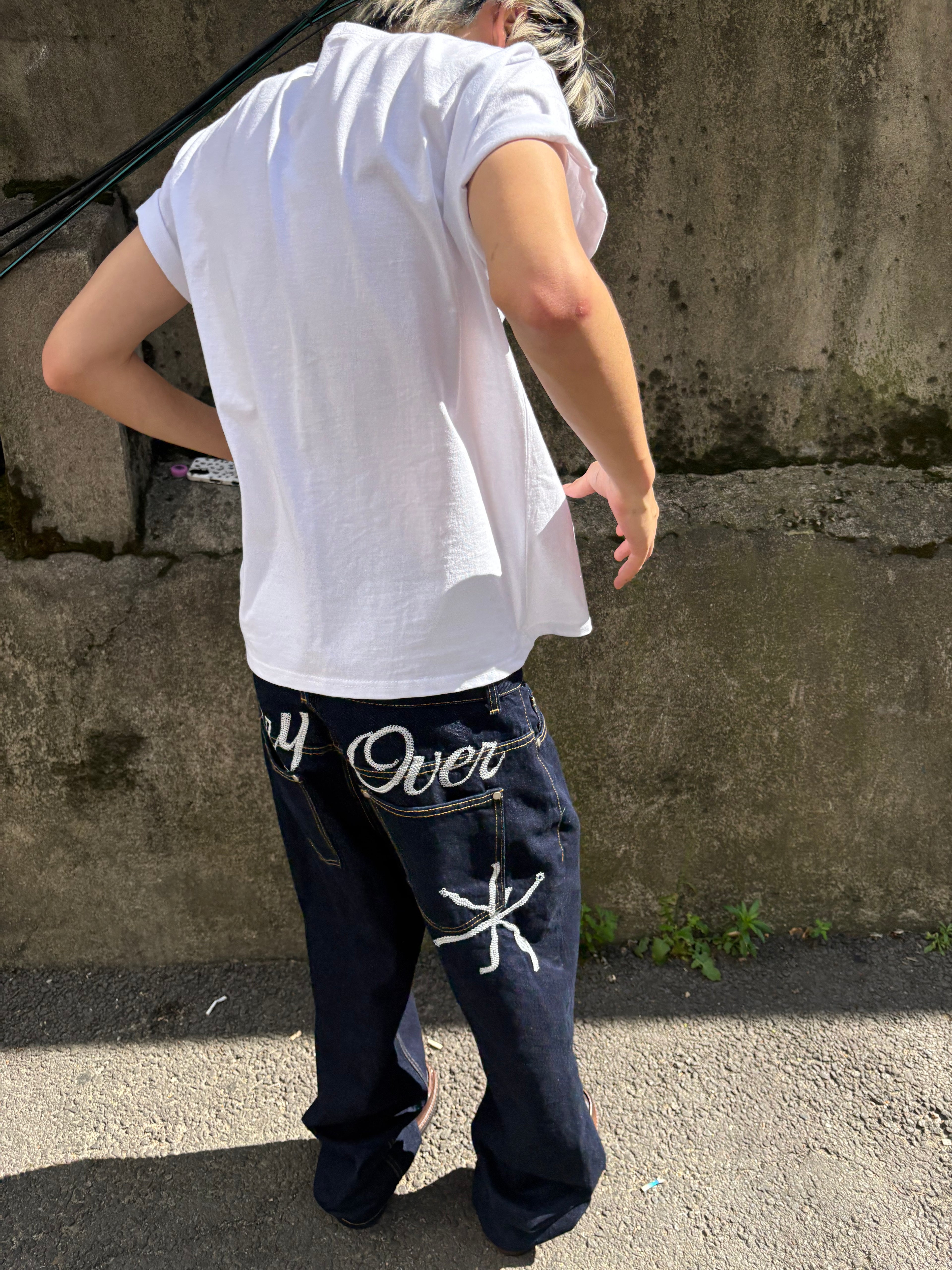 Carry Over Embroidery Wide Denim Pants