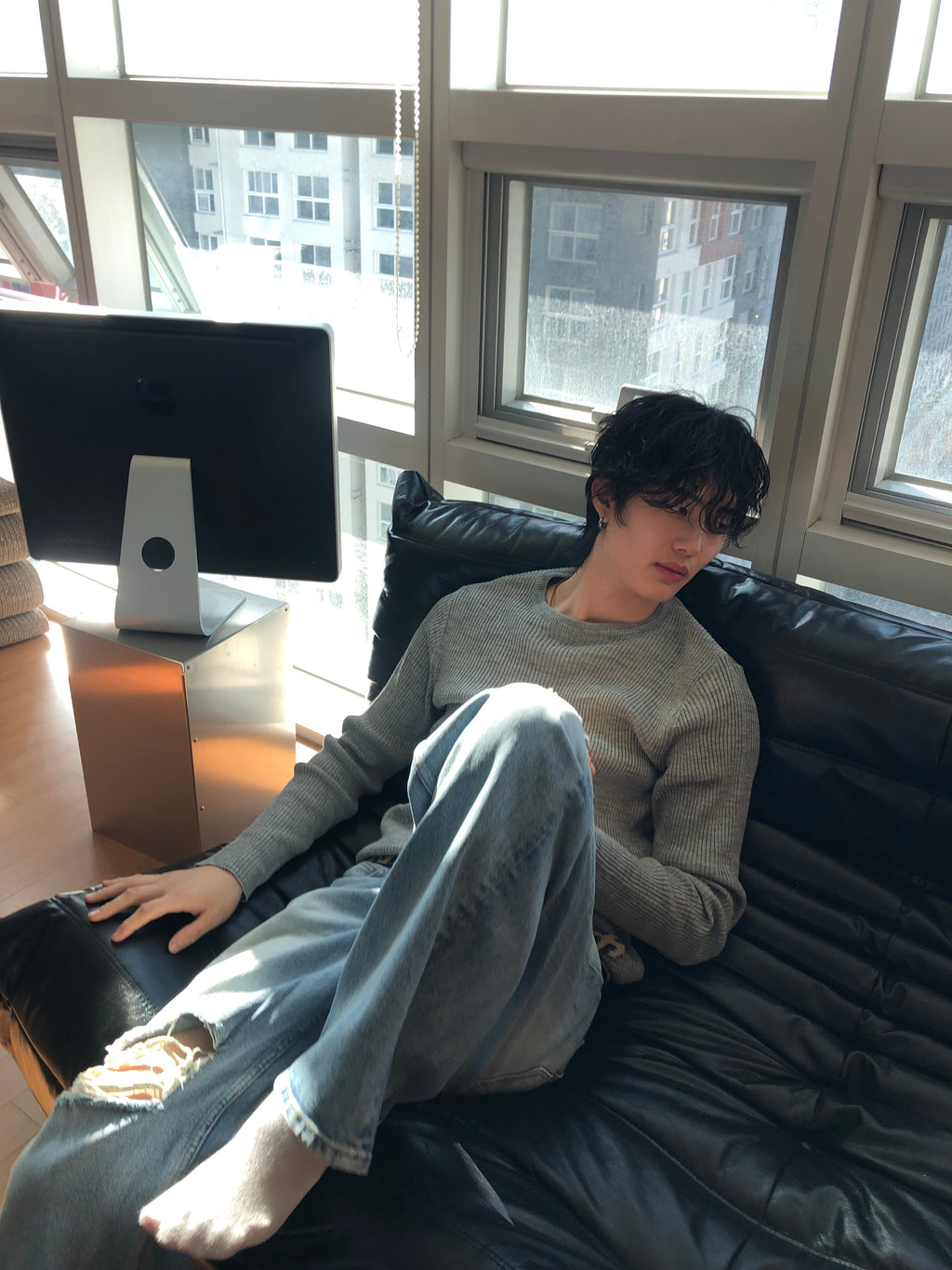 Milk‑Wash Distressed Wide Jeans