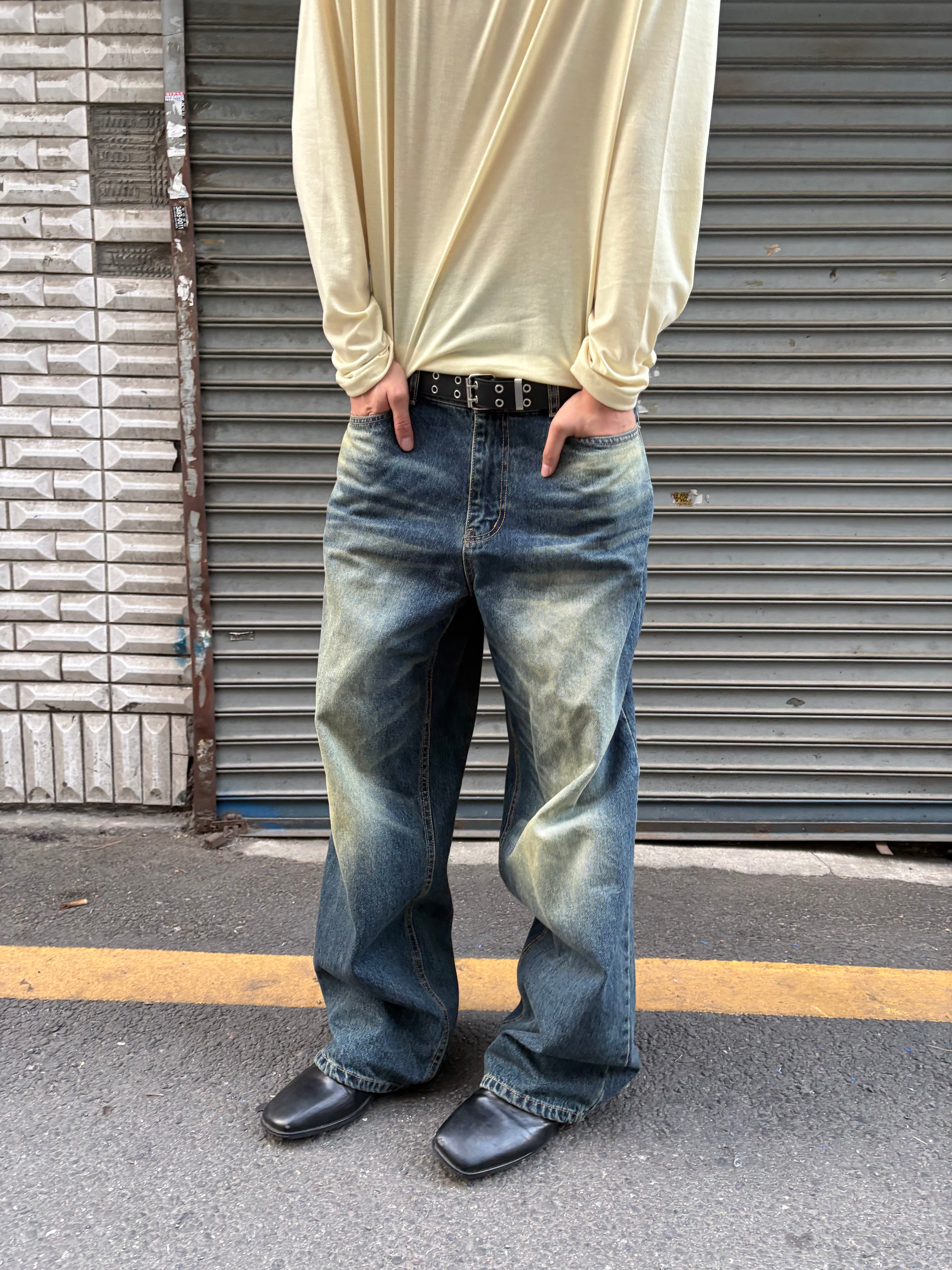 Washed Wide-Leg Denim Pants