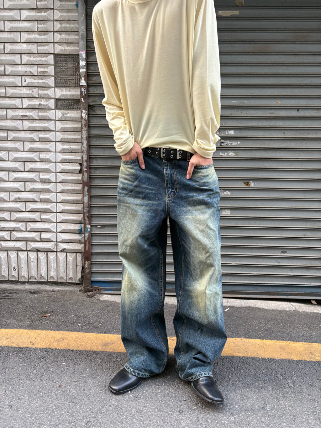 Washed Wide-Leg Denim Pants