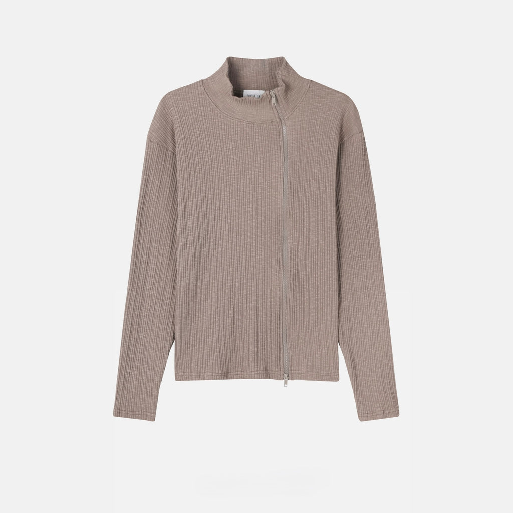 Ribbed Mock-Neck Zip Knit Top